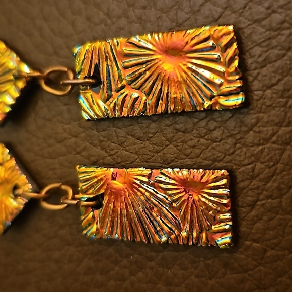 VTG Artisan Copper Dichroic Glass Cubism Dangle Hook Earrings - Picture 5 of 6